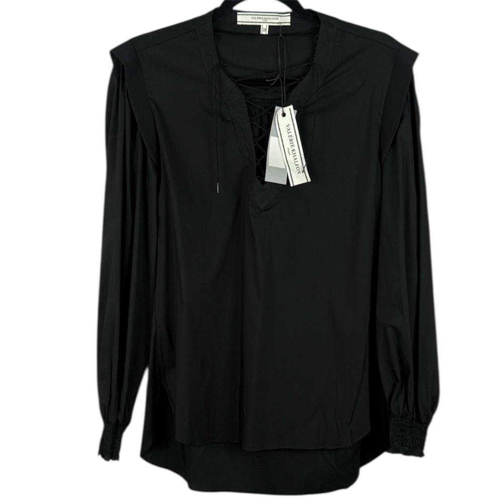 Valerie Khalfon Paris Till Cotton Bamboo Blend Black Lace-Up Small Blouse